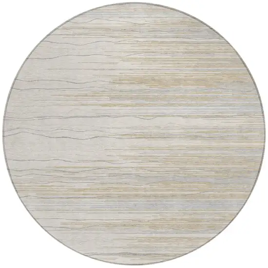 8' Linen Gray And Beige Round Striped Washable Indoor Outdoor Area Rug Photo 5