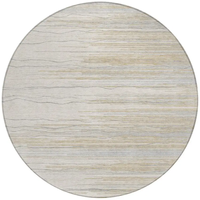 8' Linen Gray And Beige Round Striped Washable Indoor Outdoor Area Rug Photo 5