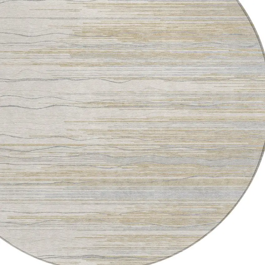8' Linen Gray And Beige Round Striped Washable Indoor Outdoor Area Rug Photo 4