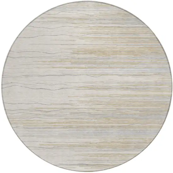 8' Linen Gray And Beige Round Striped Washable Indoor Outdoor Area Rug Photo 2