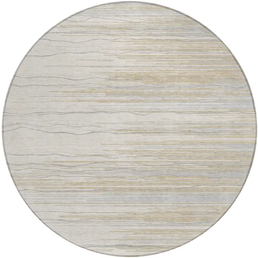 8' Linen Gray And Beige Round Striped Washable Indoor Outdoor Area Rug Photo 2