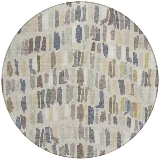 8' Linen Gray And Beige Round Striped Washable Indoor Outdoor Area Rug Photo 3