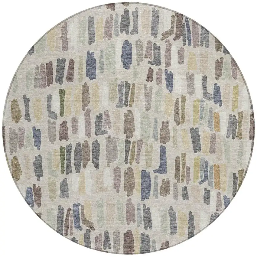 8' Linen Gray And Beige Round Striped Washable Indoor Outdoor Area Rug Photo 3