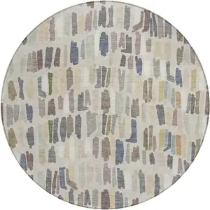 Photo of 8' Linen Gray And Beige Round Striped Washable Indoor Outdoor Area Rug
