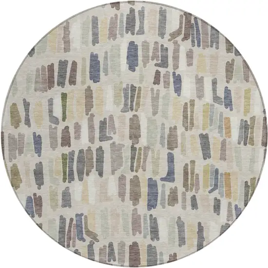 8' Linen Gray And Beige Round Striped Washable Indoor Outdoor Area Rug Photo 1