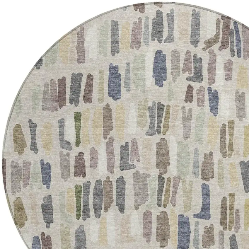 8' Linen Gray And Beige Round Striped Washable Indoor Outdoor Area Rug Photo 2