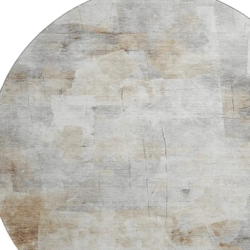 8' Linen Gray And Ivory Abstract Washable Round Rug With UV Protection Photo 2