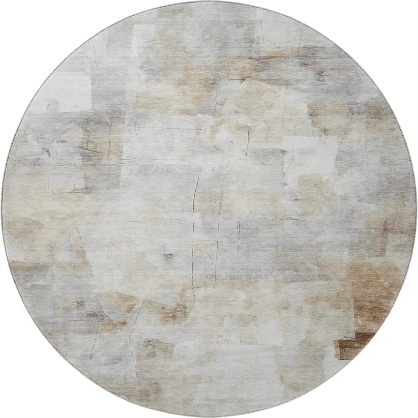 8' Linen Gray And Ivory Abstract Washable Round Rug With UV Protection Photo 3