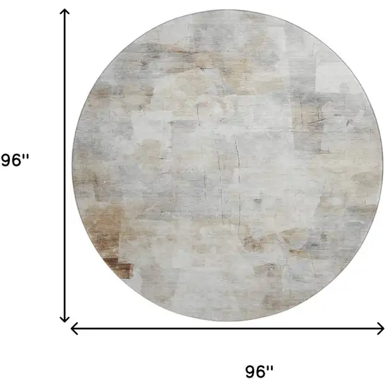 8' Linen Gray And Ivory Abstract Washable Round Rug With UV Protection Photo 9