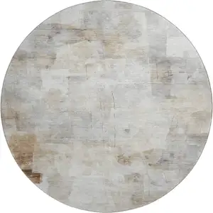 Photo of 8' Linen Gray And Ivory Abstract Washable Round Rug With UV Protection