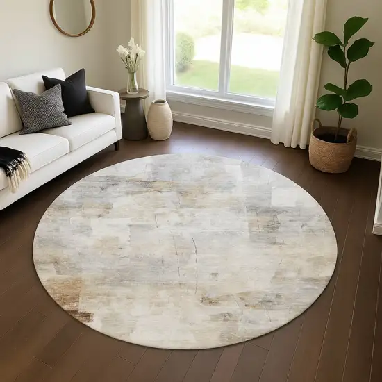 8' Linen Gray And Ivory Abstract Washable Round Rug With UV Protection Photo 4