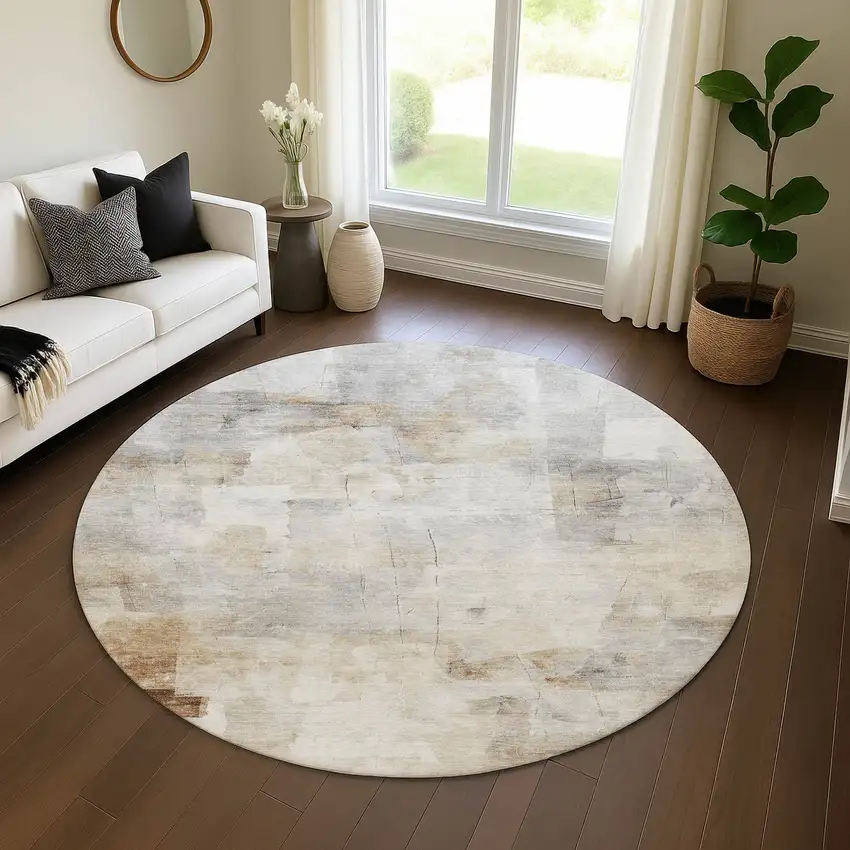 8' Linen Gray And Ivory Abstract Washable Round Rug With UV Protection Photo 4