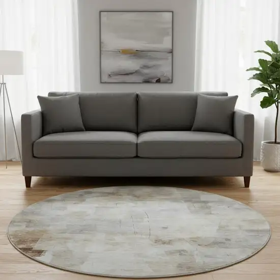 8' Linen Gray And Ivory Abstract Washable Round Rug With UV Protection Photo 2