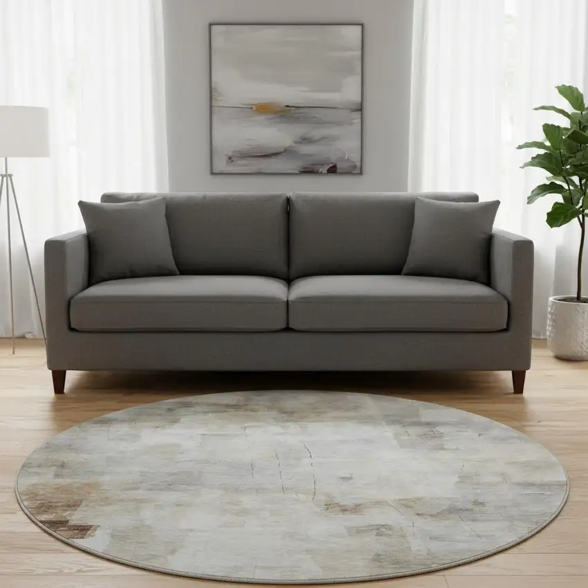 8' Linen Gray And Ivory Abstract Washable Round Rug With UV Protection Photo 2