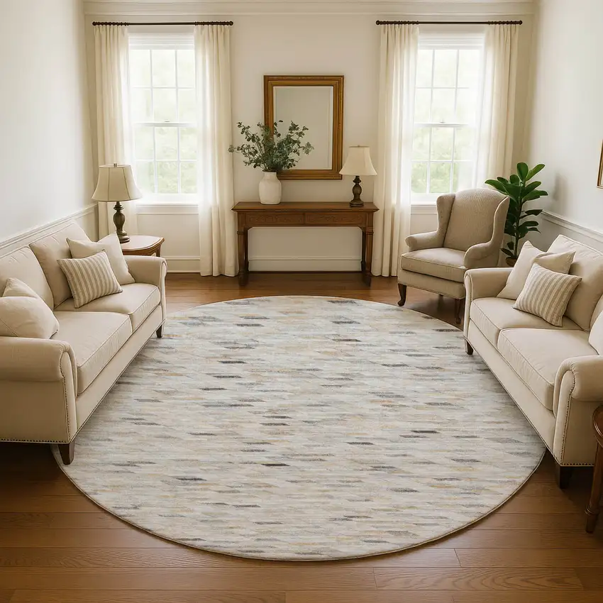 8' Linen Gray And Ivory Geometric Washable Round Rug With UV Protection Photo 4
