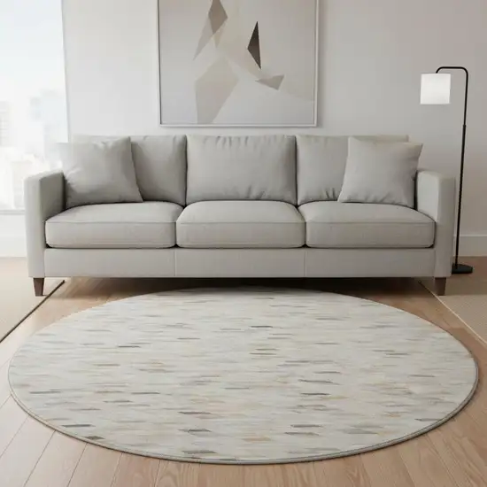 8' Linen Gray And Ivory Geometric Washable Round Rug With UV Protection Photo 2
