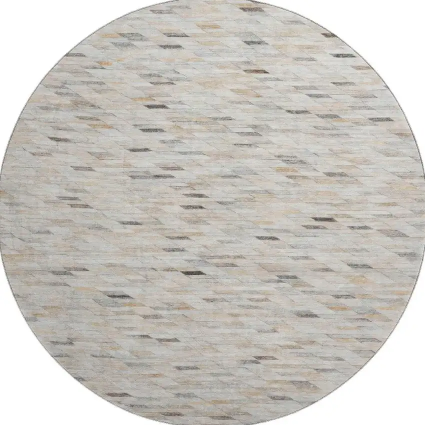 8' Linen Gray And Ivory Geometric Washable Round Rug With UV Protection Photo 2