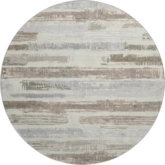 8' Linen Gray And Ivory Striped Washable Round Rug With UV Protection Photo 1