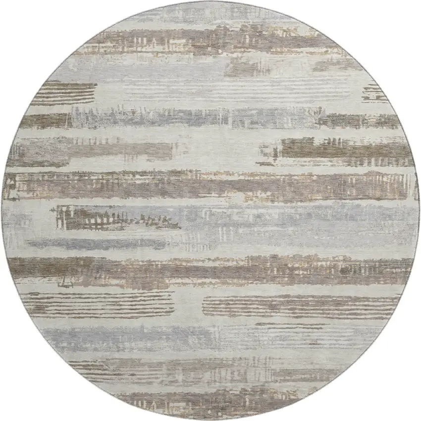 8' Linen Gray And Ivory Striped Washable Round Rug With UV Protection Photo 1