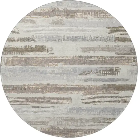 8' Linen Gray And Ivory Striped Washable Round Rug With UV Protection Photo 3