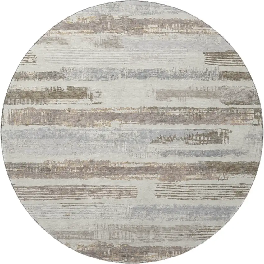 8' Linen Gray And Ivory Striped Washable Round Rug With UV Protection Photo 3