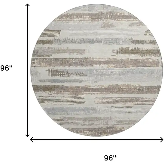 8' Linen Gray And Ivory Striped Washable Round Rug With UV Protection Photo 9