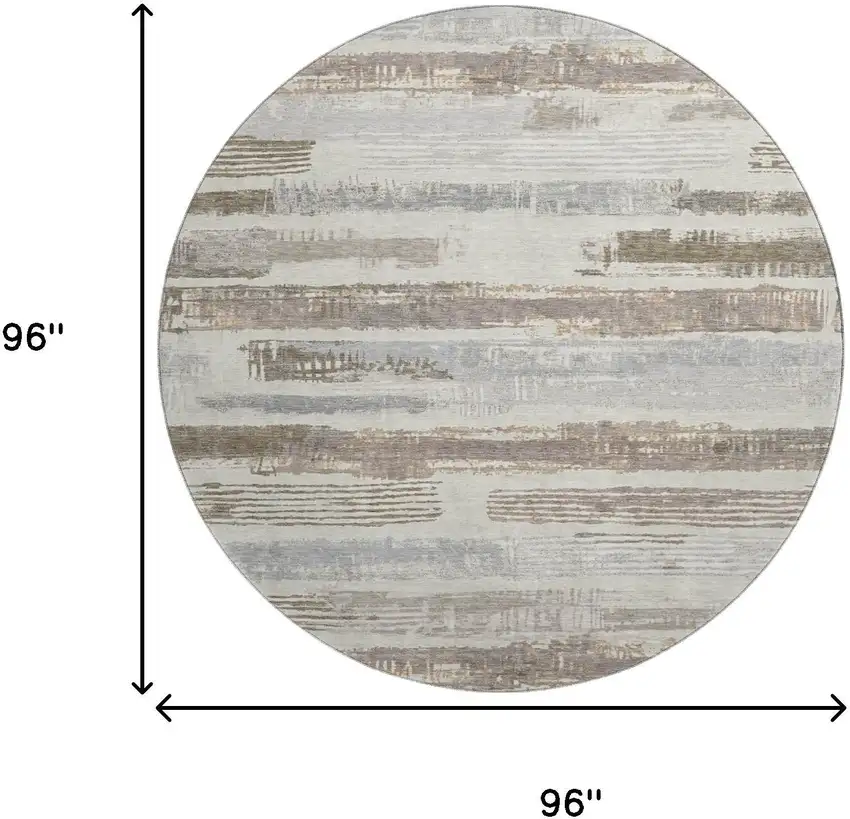 8' Linen Gray And Ivory Striped Washable Round Rug With UV Protection Photo 9