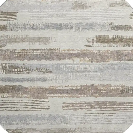 8' Linen Gray And Ivory Striped Washable Round Rug With UV Protection Photo 2