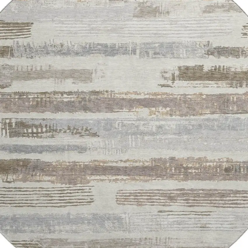 8' Linen Gray And Ivory Striped Washable Round Rug With UV Protection Photo 2