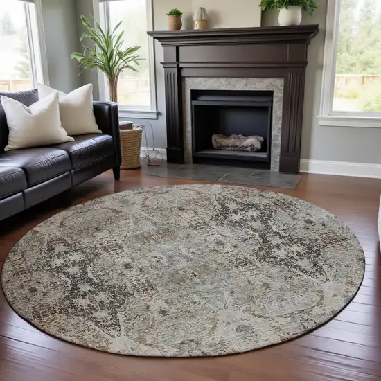 8' Linen Gray And Silver Abstract Washable Round Rug With UV Protection Photo 4