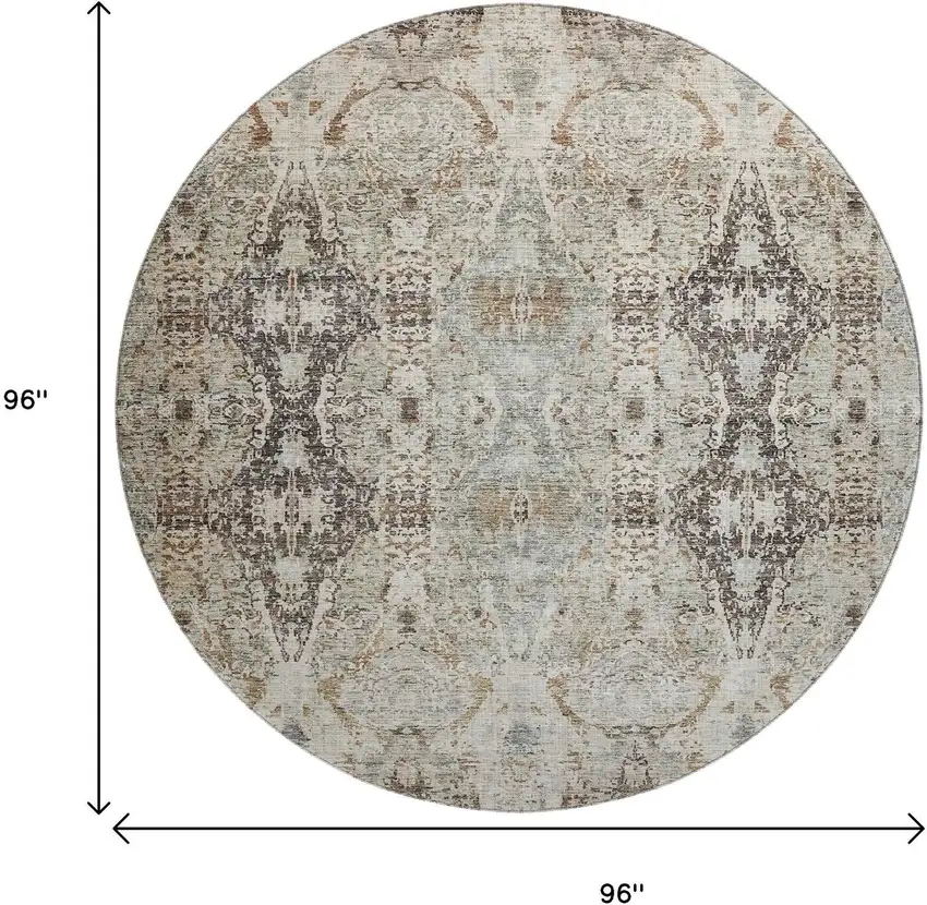 8' Linen Gray And Silver Abstract Washable Round Rug With UV Protection Photo 9