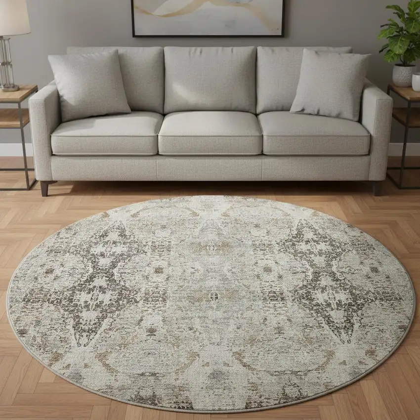 8' Linen Gray And Silver Abstract Washable Round Rug With UV Protection Photo 2
