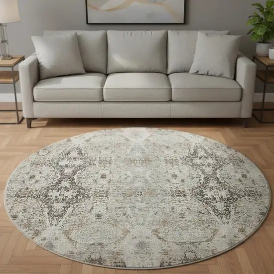 8' Linen Gray And Silver Abstract Washable Round Rug With UV Protection Photo 2