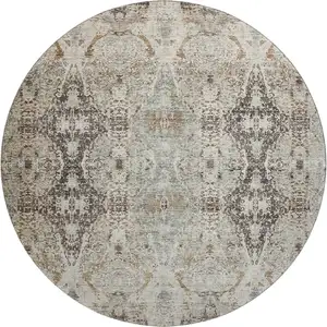 Photo of 8' Linen Gray And Silver Abstract Washable Round Rug With UV Protection