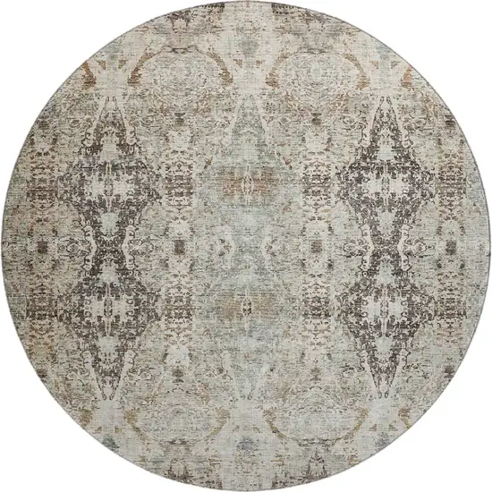 8' Linen Gray And Silver Abstract Washable Round Rug With UV Protection Photo 1