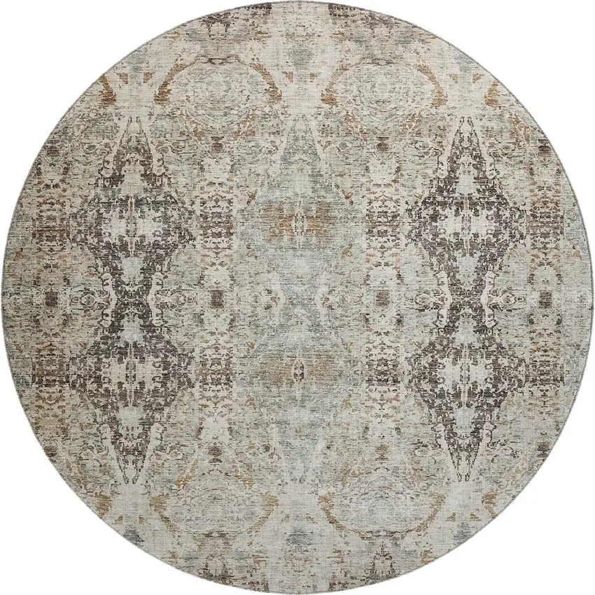 8' Linen Gray And Silver Abstract Washable Round Rug With UV Protection Photo 1