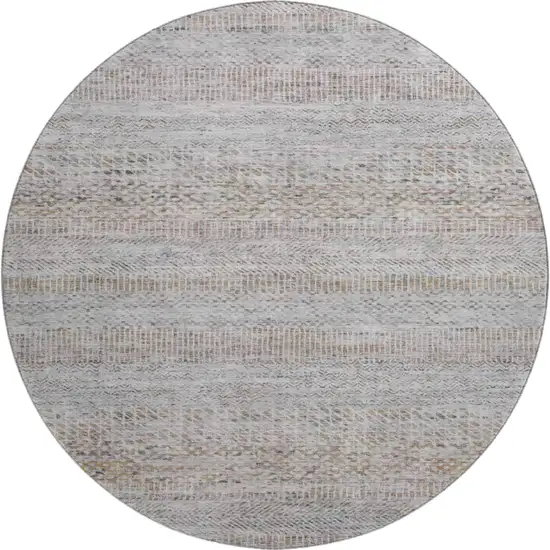 8' Linen Gray And Taupe Striped Washable Round Rug With UV Protection Photo 1