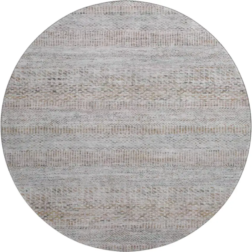 8' Linen Gray And Taupe Striped Washable Round Rug With UV Protection Photo 1