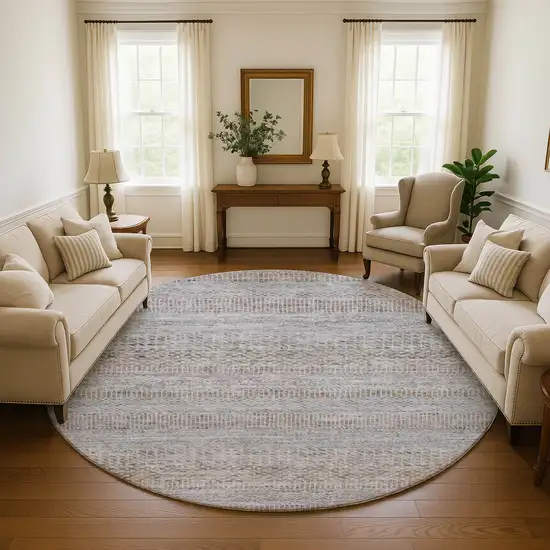 8' Linen Gray And Taupe Striped Washable Round Rug With UV Protection Photo 5