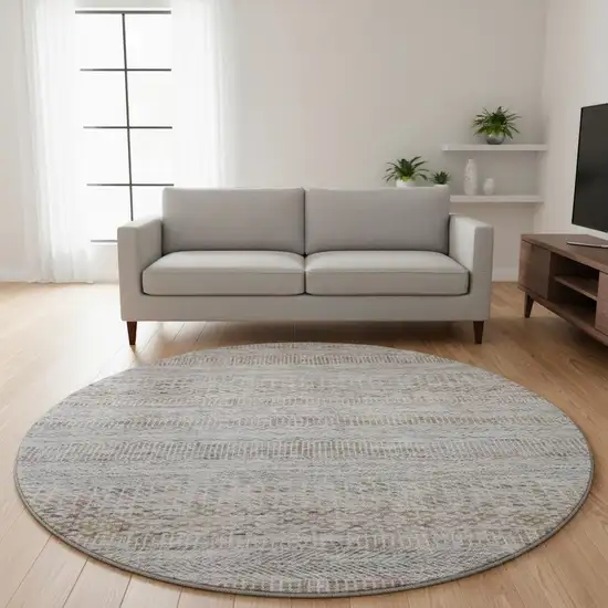 8' Linen Gray And Taupe Striped Washable Round Rug With UV Protection Photo 2