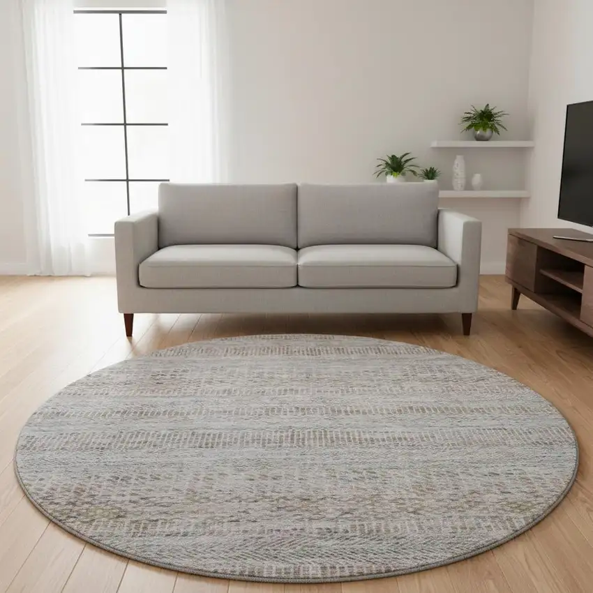 8' Linen Gray And Taupe Striped Washable Round Rug With UV Protection Photo 2