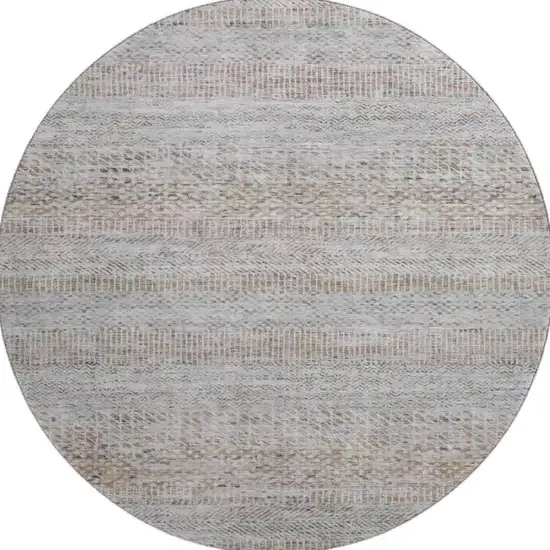 8' Linen Gray And Taupe Striped Washable Round Rug With UV Protection Photo 2