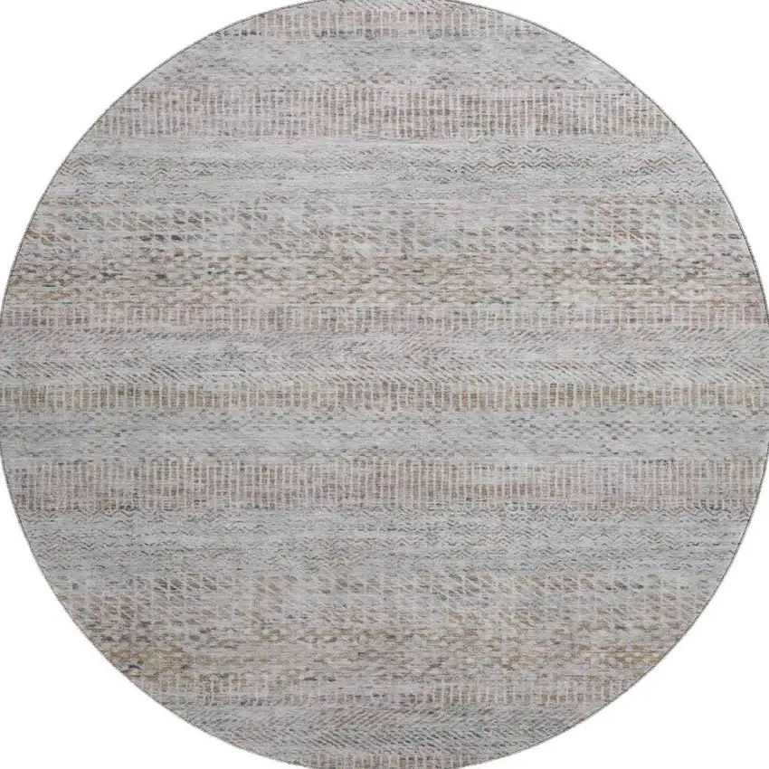 8' Linen Gray And Taupe Striped Washable Round Rug With UV Protection Photo 2