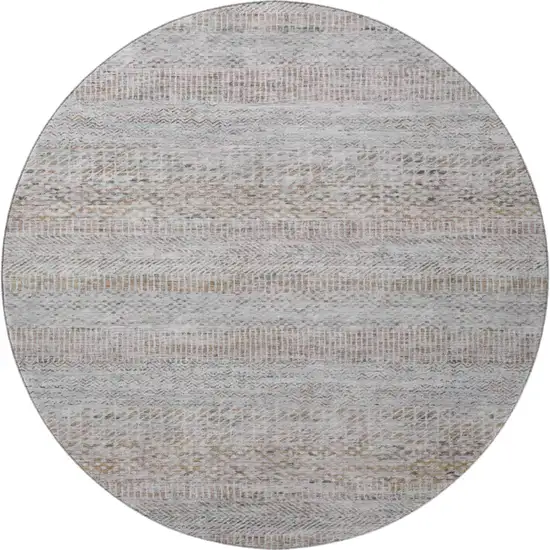8' Linen Gray And Taupe Striped Washable Round Rug With UV Protection Photo 3