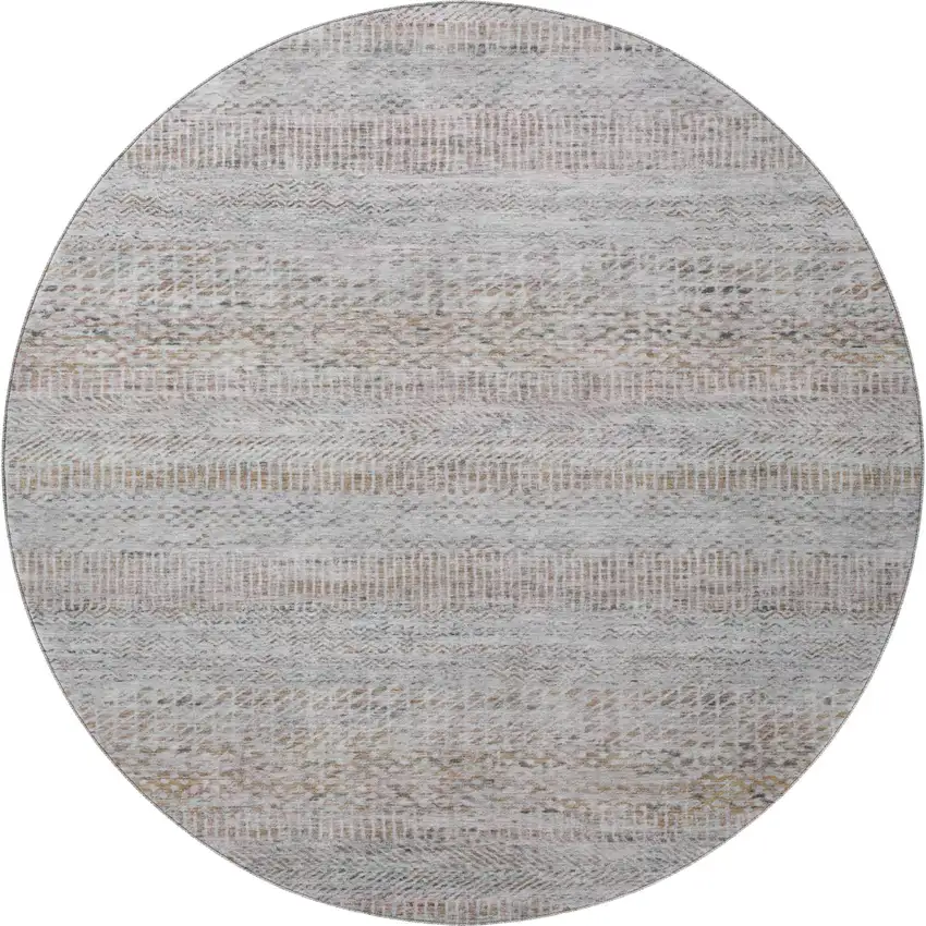 8' Linen Gray And Taupe Striped Washable Round Rug With UV Protection Photo 3
