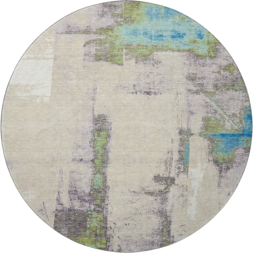 8' Linen Green And Blue Abstract Washable Round Rug With UV Protection Photo 4