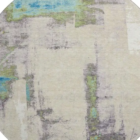 8' Linen Green And Blue Abstract Washable Round Rug With UV Protection Photo 3