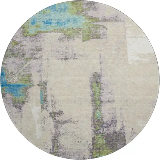 8' Linen Green And Blue Abstract Washable Round Rug With UV Protection Photo 1