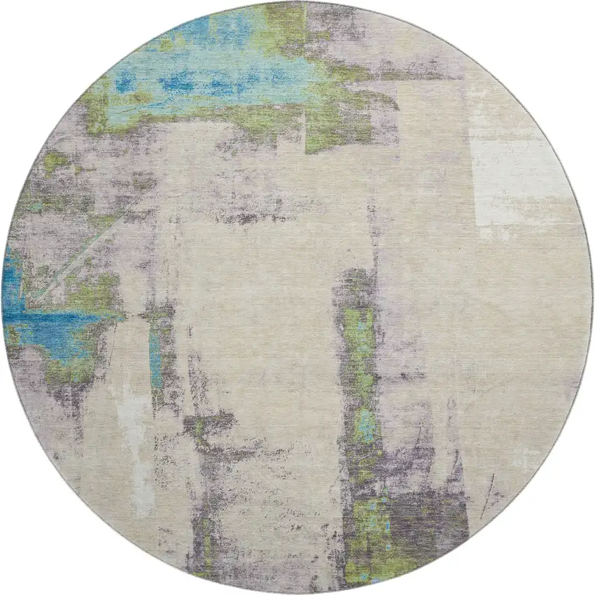 8' Linen Green And Blue Abstract Washable Round Rug With UV Protection Photo 1
