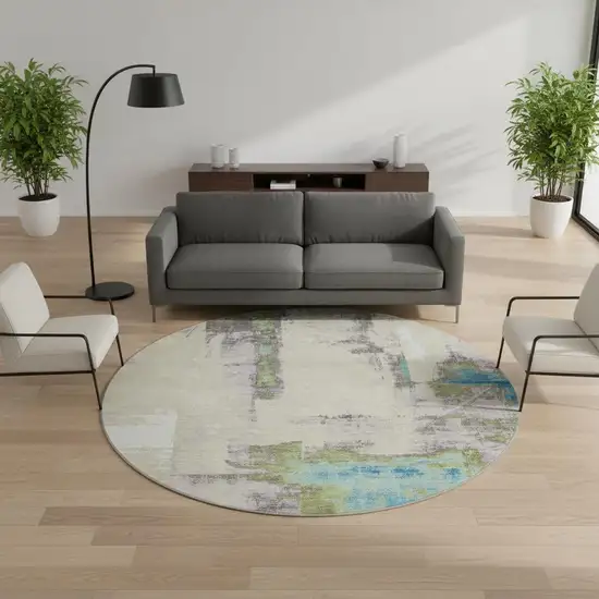 8' Linen Green And Blue Abstract Washable Round Rug With UV Protection Photo 2